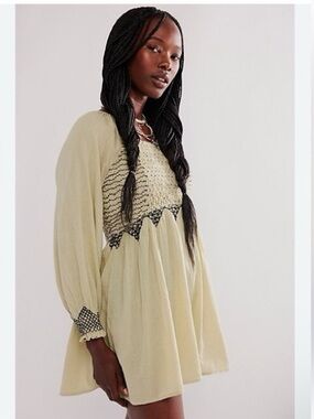 Free People Cream and Navy Smocked Peasant Blouse